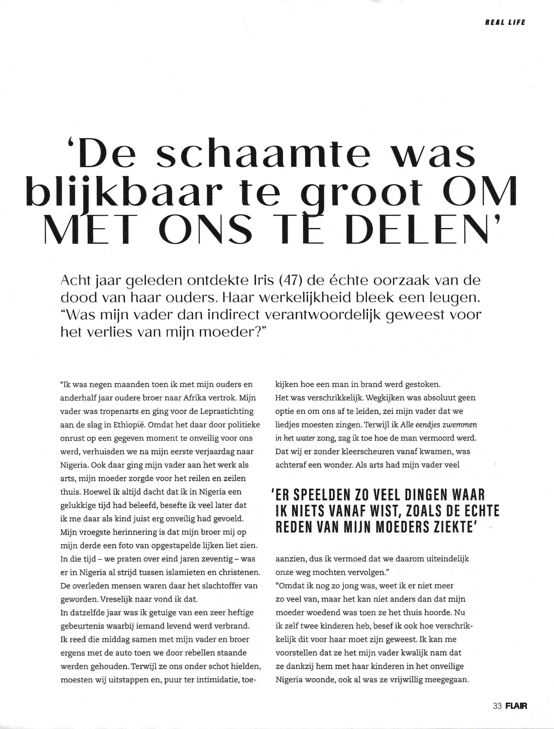 Fragment interview in Flair over hoe Iris Koorn veel later pas de oorzaak van het verlies van haar ouders ontdekte