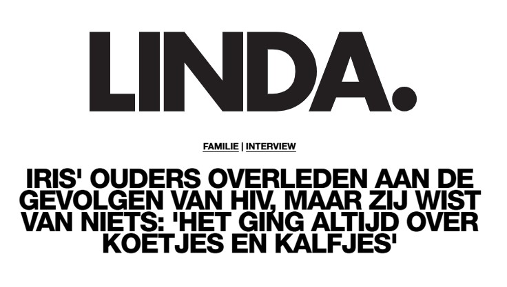 Afbeelding artikel Linda.nl over verlies van Iris Koorn’s ouders aan HIV en hoe zij dit jarenlang niet wist – thema’s trauma en veerkracht centraal.